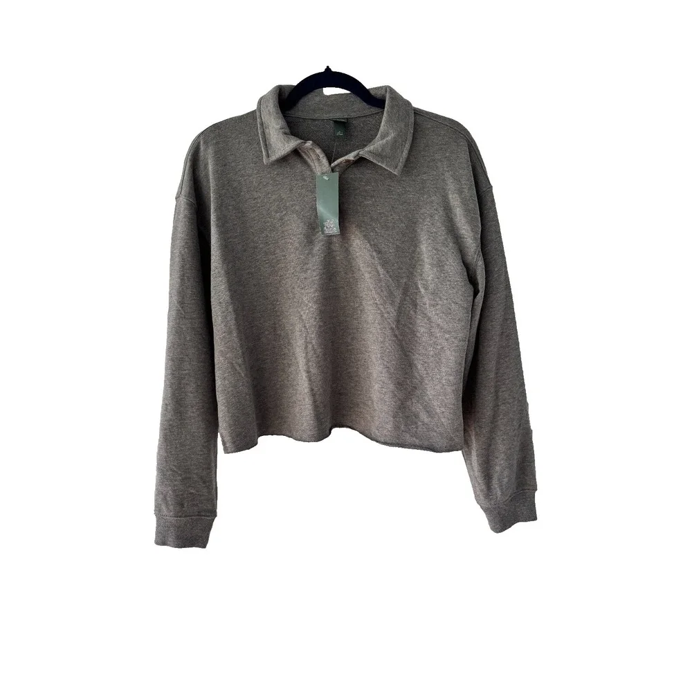 Wild Fable Heather Grey Cropped Polo Sweatshirt‎ Womens Medium NWT 331115874 - Picture 8 of 9